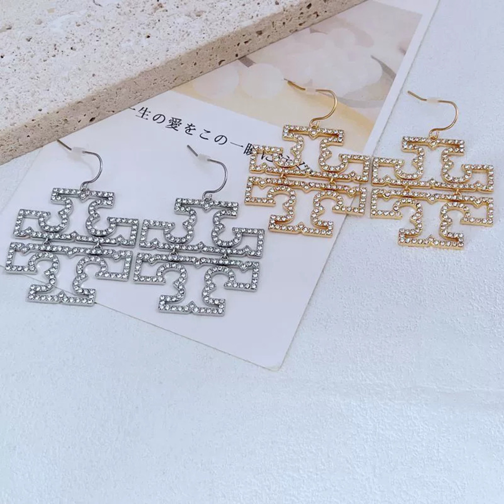 Tory Burch Rhinestone Hollow Letter Metal Ear Hook Drop Earrings